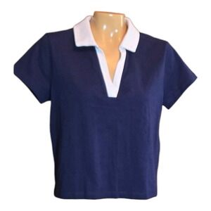 Lou & Grey Womens Polo Shirt Navy Blue White Medium Split Neck Cotton Nautical